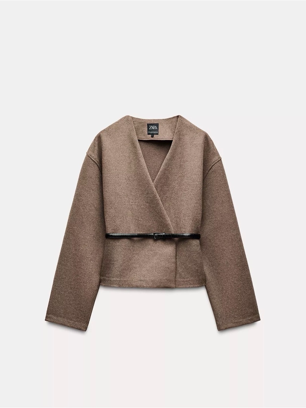 Zara Taupe Cropped Wrap Jacket with Slim Black Belt